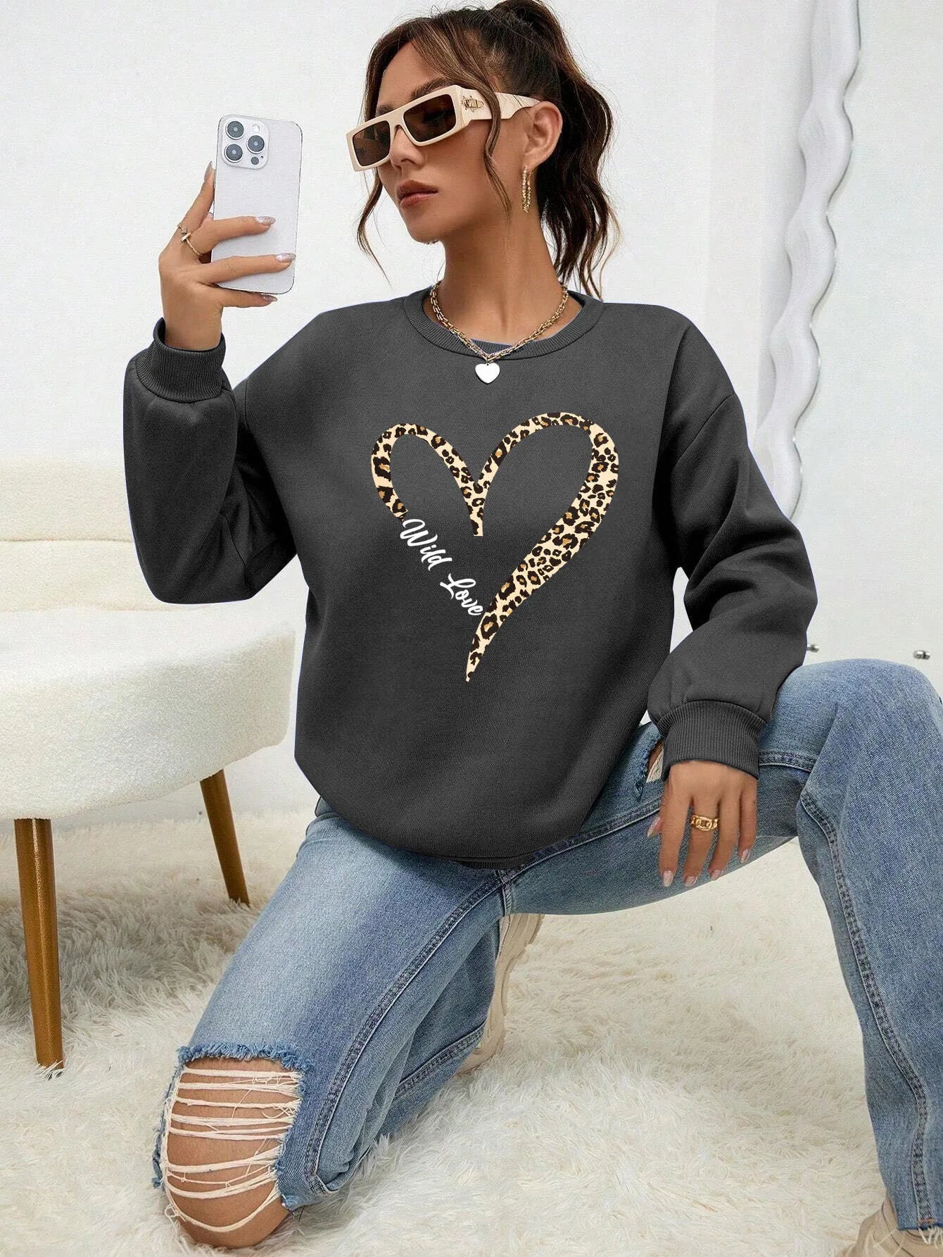 Sweat-shirt tendance à capuche Motif cœur léopard Femme