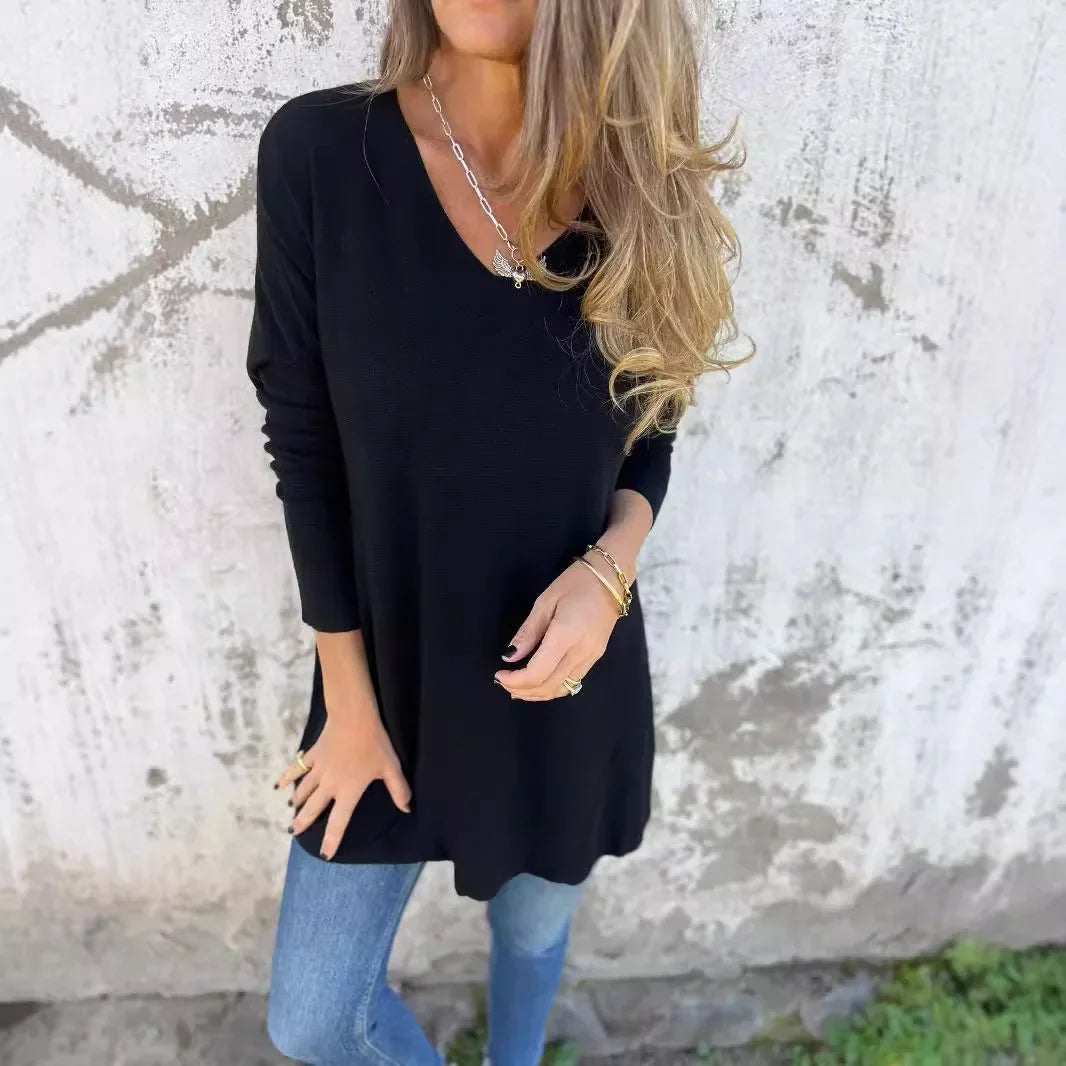 Haut femme automne chic manches longues col en V