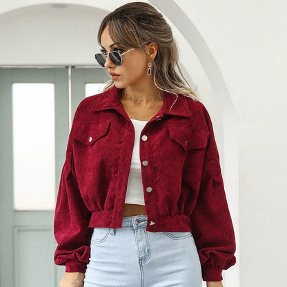 Veste courte pour femme en velours côtelé tendance