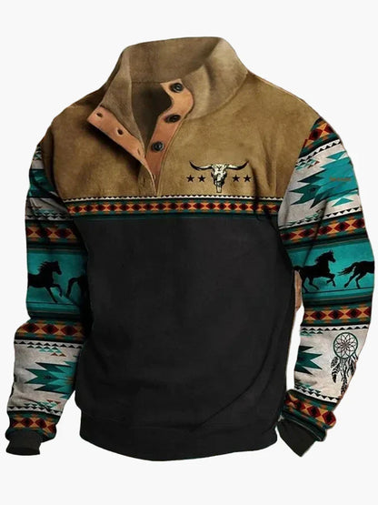 Sweat-shirt western stylé, motif ethnique, col montant