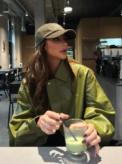 Blouson oversize en cuir élégant pour femme
