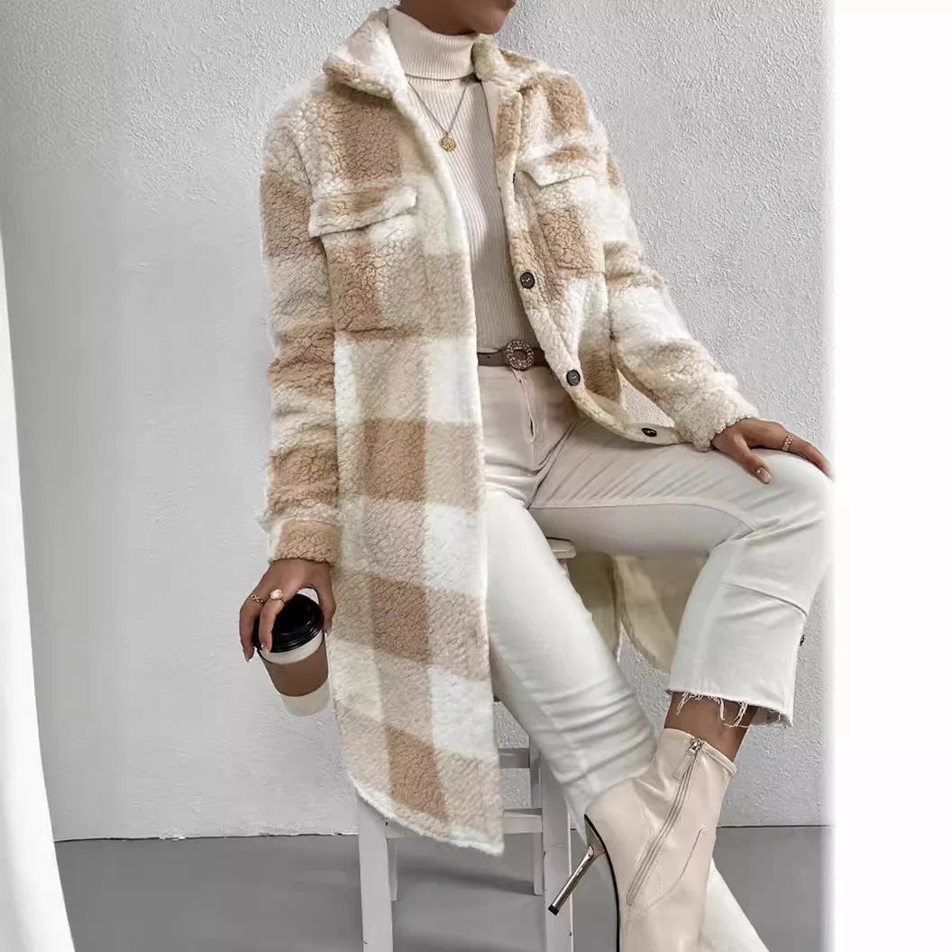 Manteau long en polaire à carreaux chaud
