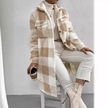 Manteau long en polaire à carreaux chaud