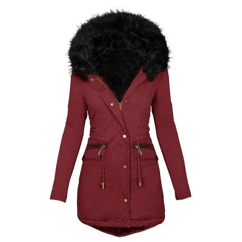 Veste d'hiver souple femme capuche col fourrure