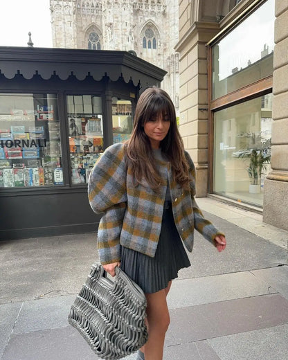 Manteau à carreaux élégant pour femme Col rond