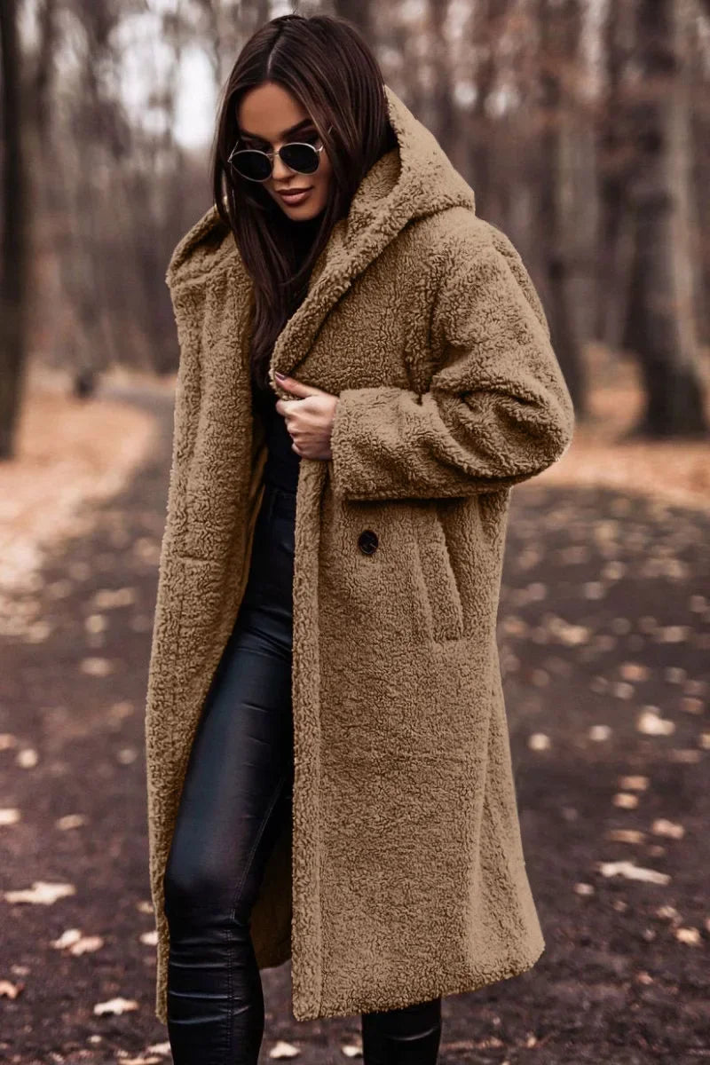 Manteau d'hiver pour femme avec capuche, long et doux