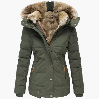 Manteau d'hiver élégant pour femme avec capuche et fausse fourrure