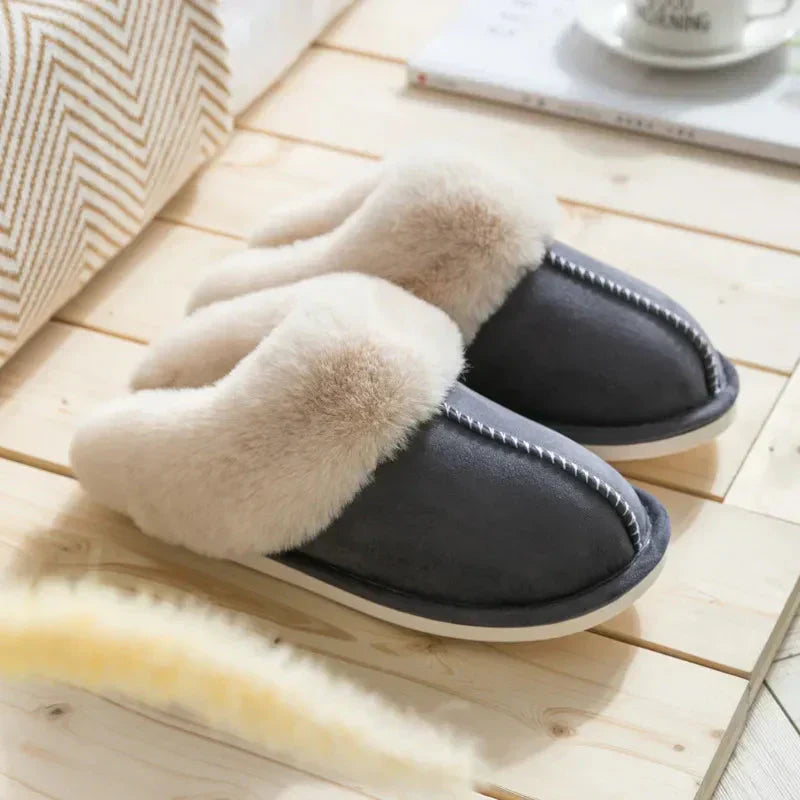 Pantoufles femme en peluche bordées de fourrure douillette