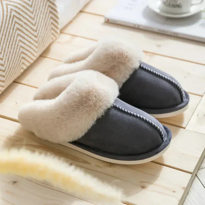 Pantoufles femme en peluche bordées de fourrure douillette