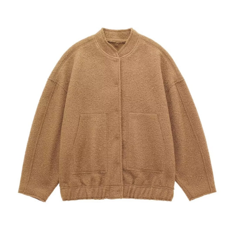 Grand manteau en laine pour femme, col rond, boutons