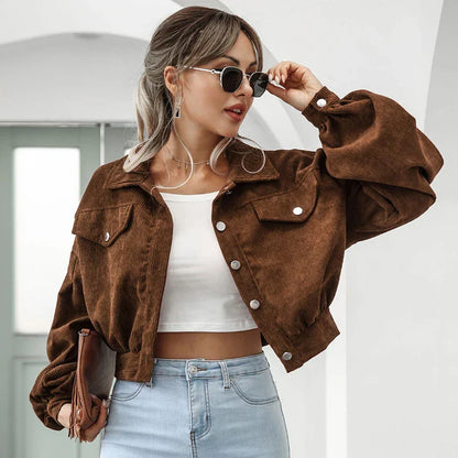 Veste courte pour femme en velours côtelé tendance