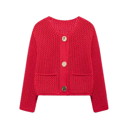 Leichte Strickjacke mit Vordertaschen Mesh Optik - IdealeKleiden