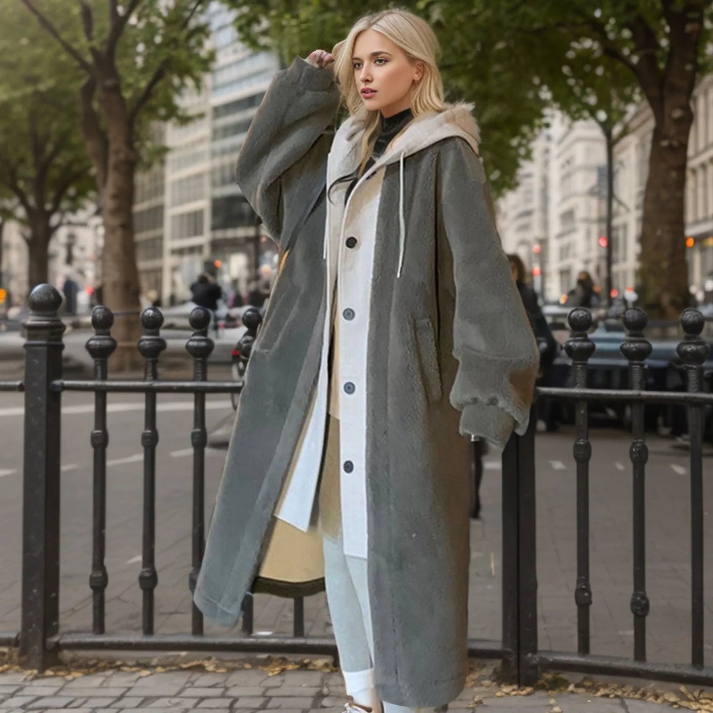 Veste longue à capuche Teddy, chaude et stylée