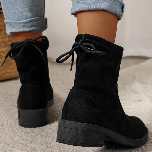 Elegante Stiefeletten Damen Niedriger Absatz Schnürsenkel - IdealeKleiden