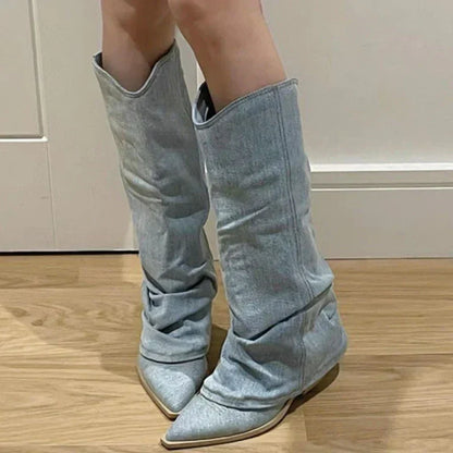 Chaussures femme Bottes hauteur genou aspect jean