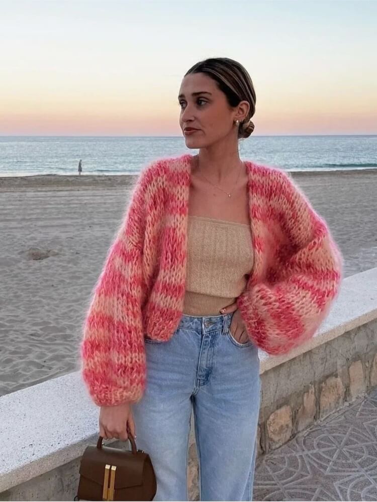Gilet en maille pour femme, coupe ample, à rayures