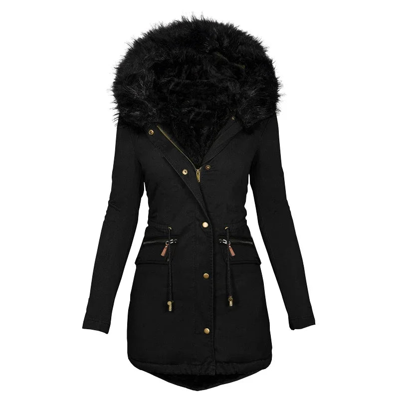 Veste d'hiver souple femme capuche col fourrure