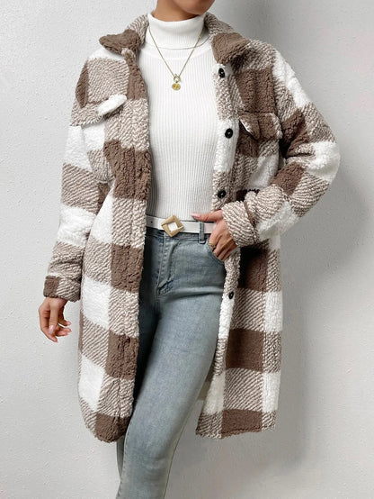 Manteau long en polaire à carreaux chaud