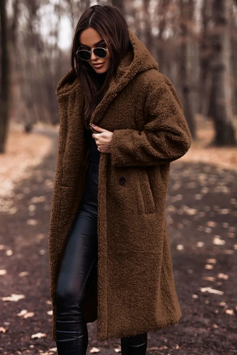 Manteau d'hiver pour femme avec capuche, long et doux