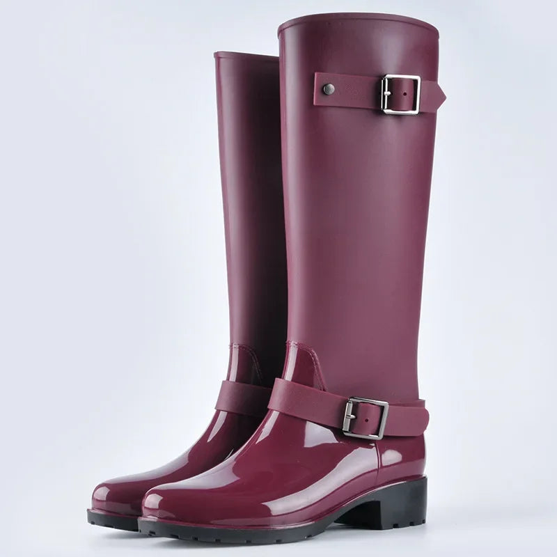 Bottes en caoutchouc imperméables pour femmes, hauteur genou, boucle, talon carré