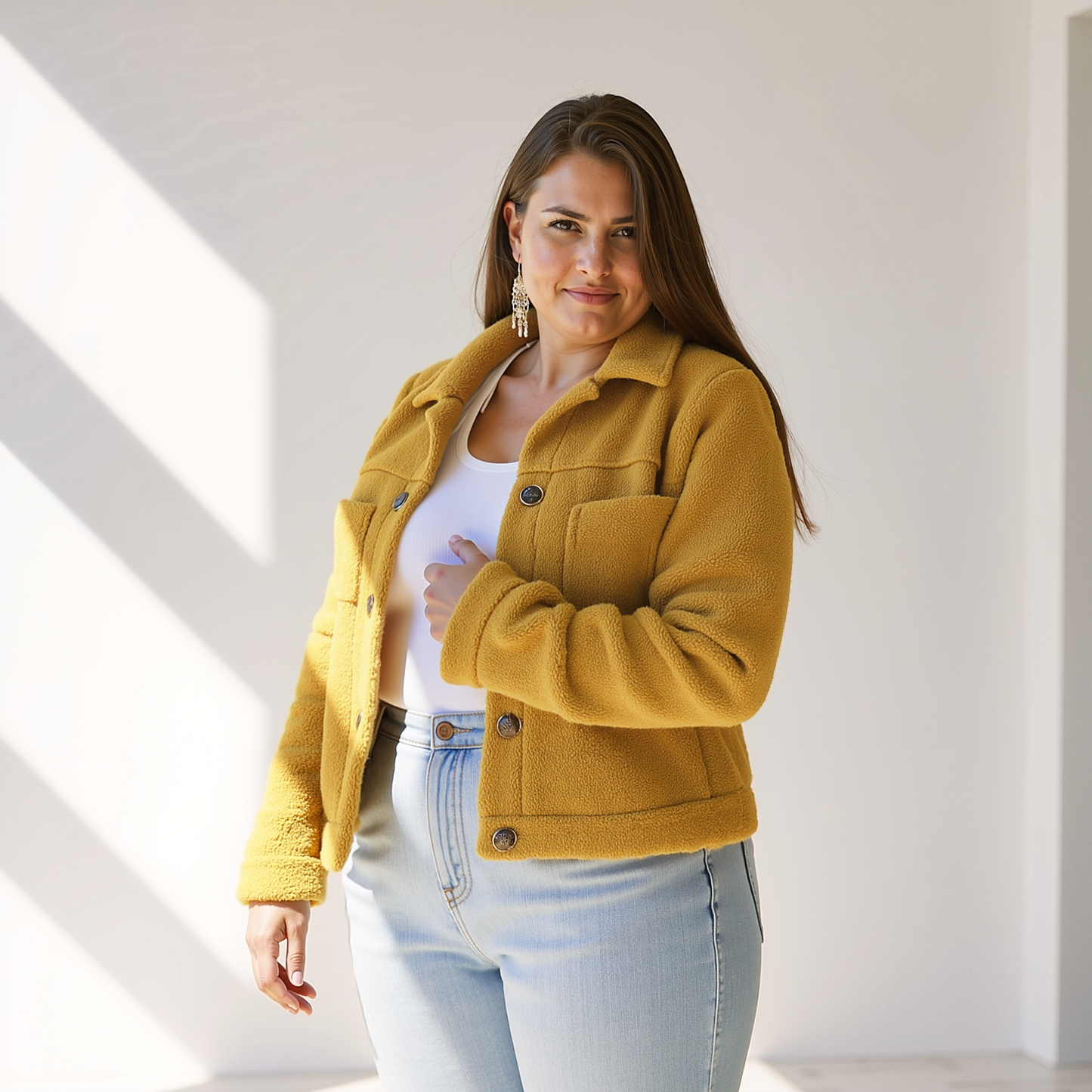 Veste d'automne femme douce aspect peluche avec boutons