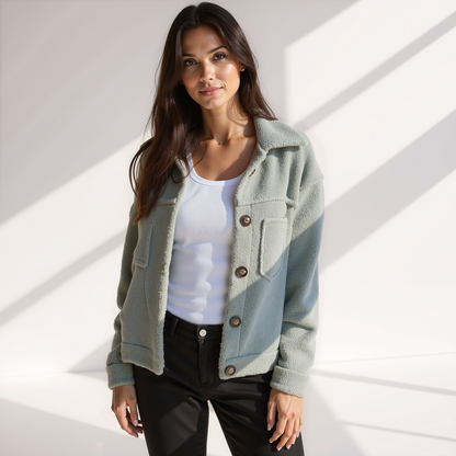 Veste d'automne femme douce aspect peluche avec boutons
