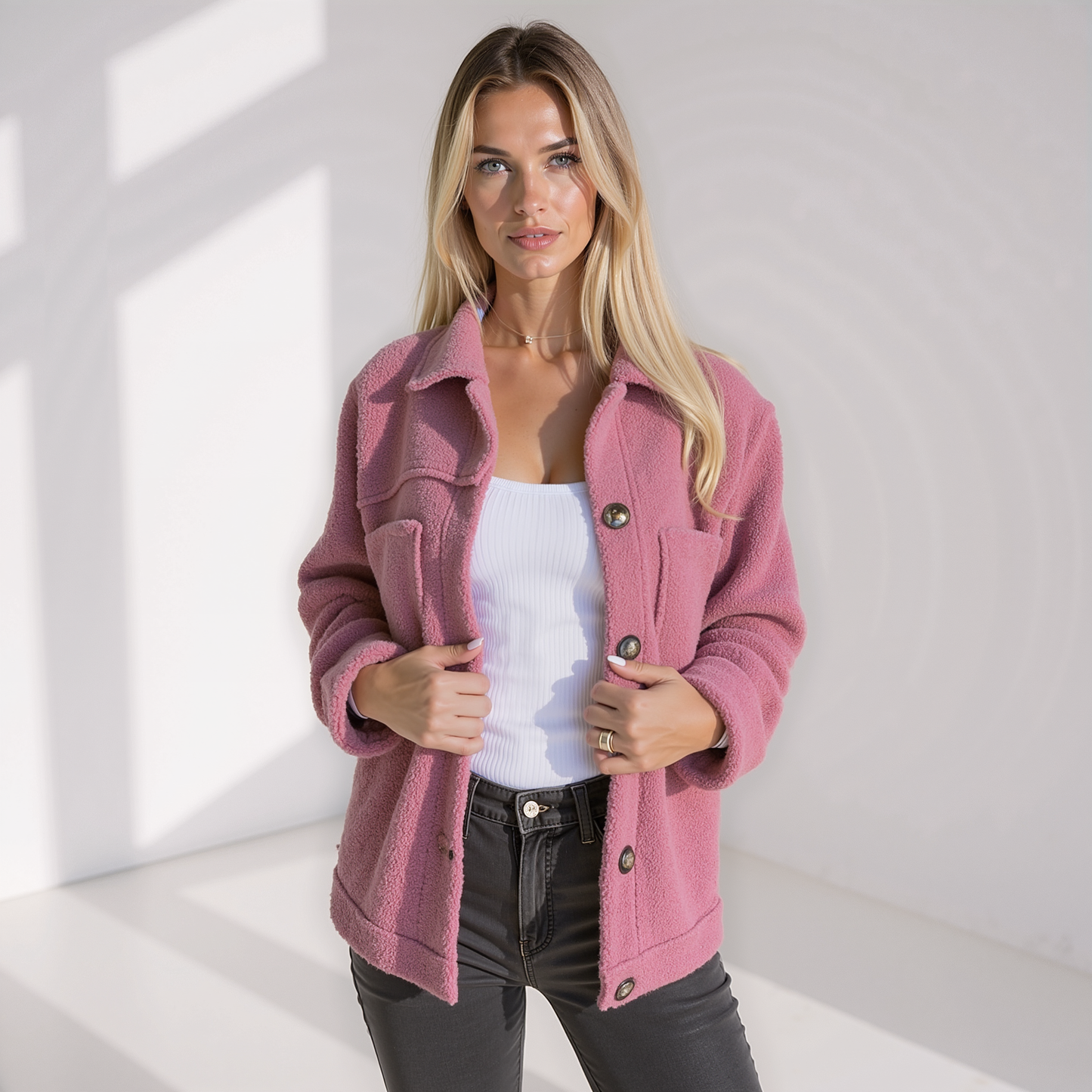 Veste d'automne femme douce aspect peluche avec boutons