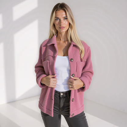 Veste d'automne femme douce aspect peluche avec boutons