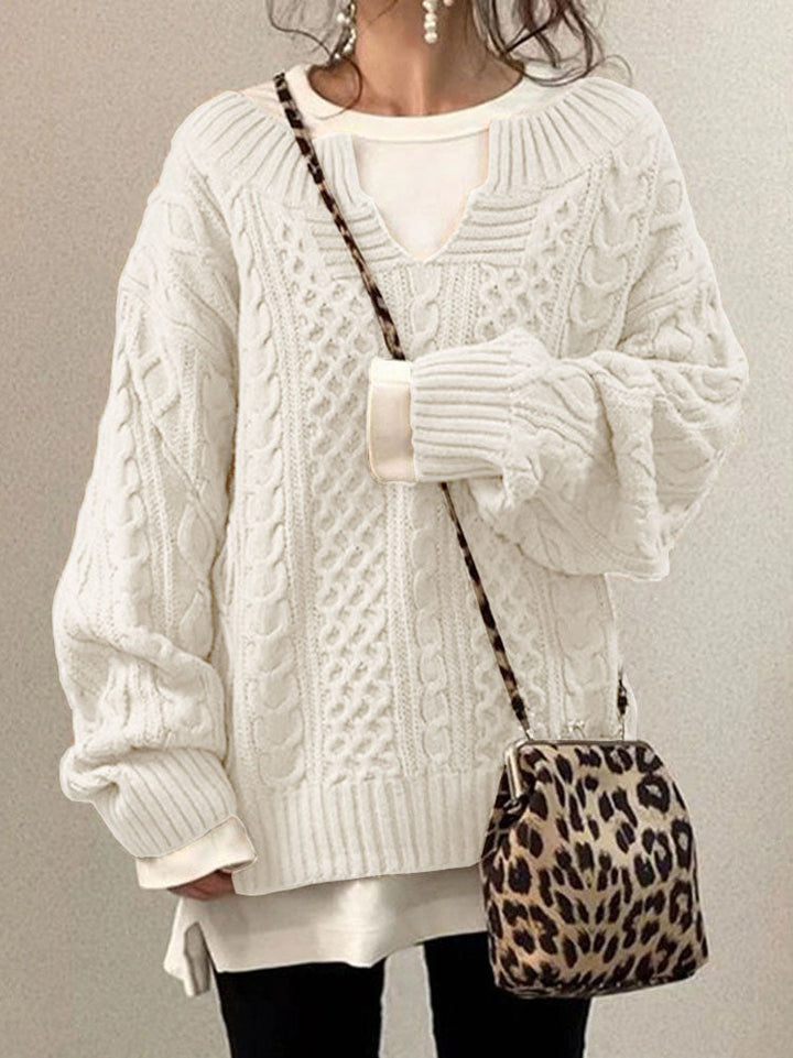 Damen Grobstrick Pullover Mit Schlitzkragen - IdealeKleiden