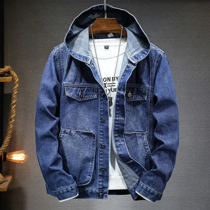 Veste en jean pour homme, look vintage, à capuche