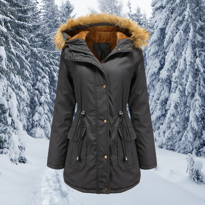 Manteau d'hiver femme chaud avec capuche bordée de fourrure