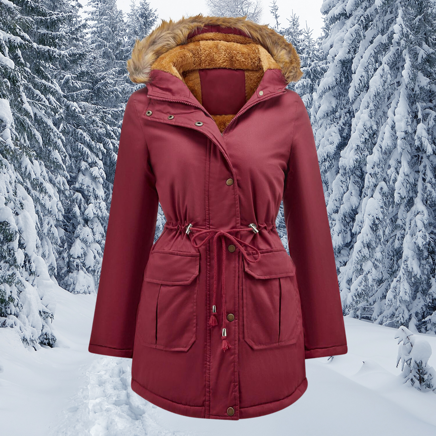 Manteau d'hiver femme chaud avec capuche bordée de fourrure