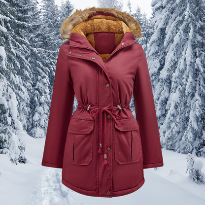 Manteau d'hiver femme chaud avec capuche bordée de fourrure