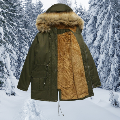 Manteau d'hiver femme chaud avec capuche bordée de fourrure