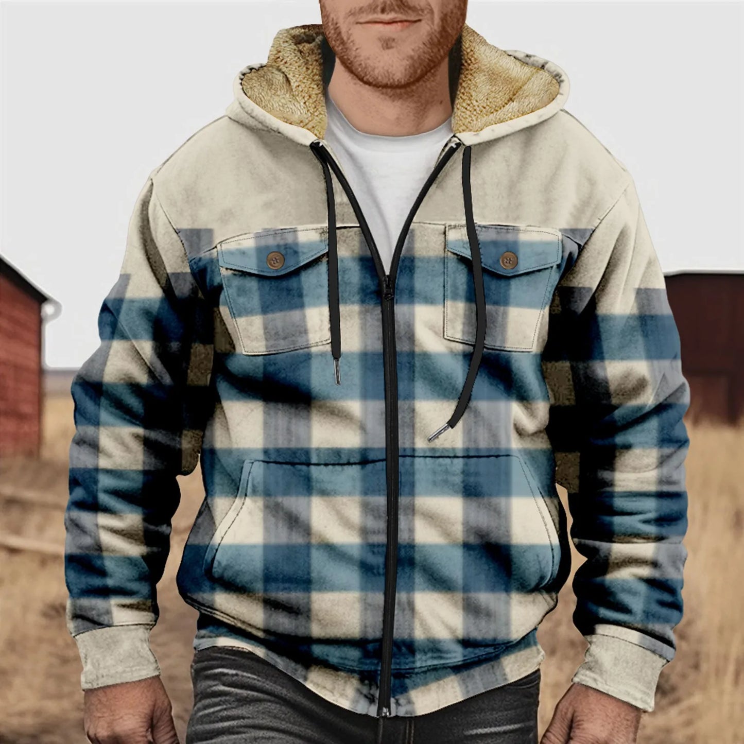 Chemise à carreaux en flanelle polaire chaude à capuche pour homme