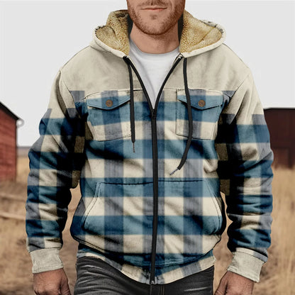 Chemise à carreaux en flanelle polaire chaude à capuche pour homme