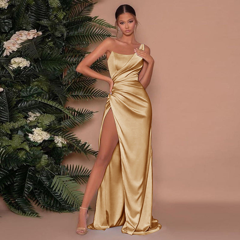 Damen Abendkleid Satin Elegant Asymmetrisch Lang - IdealeKleiden