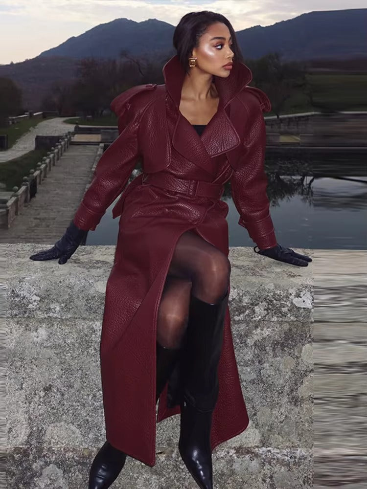 Trench-coat long en cuir pour femme Élégant Hiver