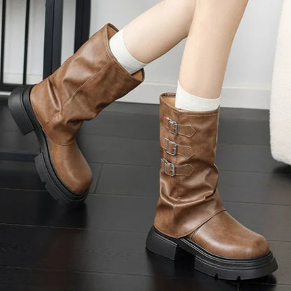 Bottes élégantes pour femme à talons carrés avec bride
