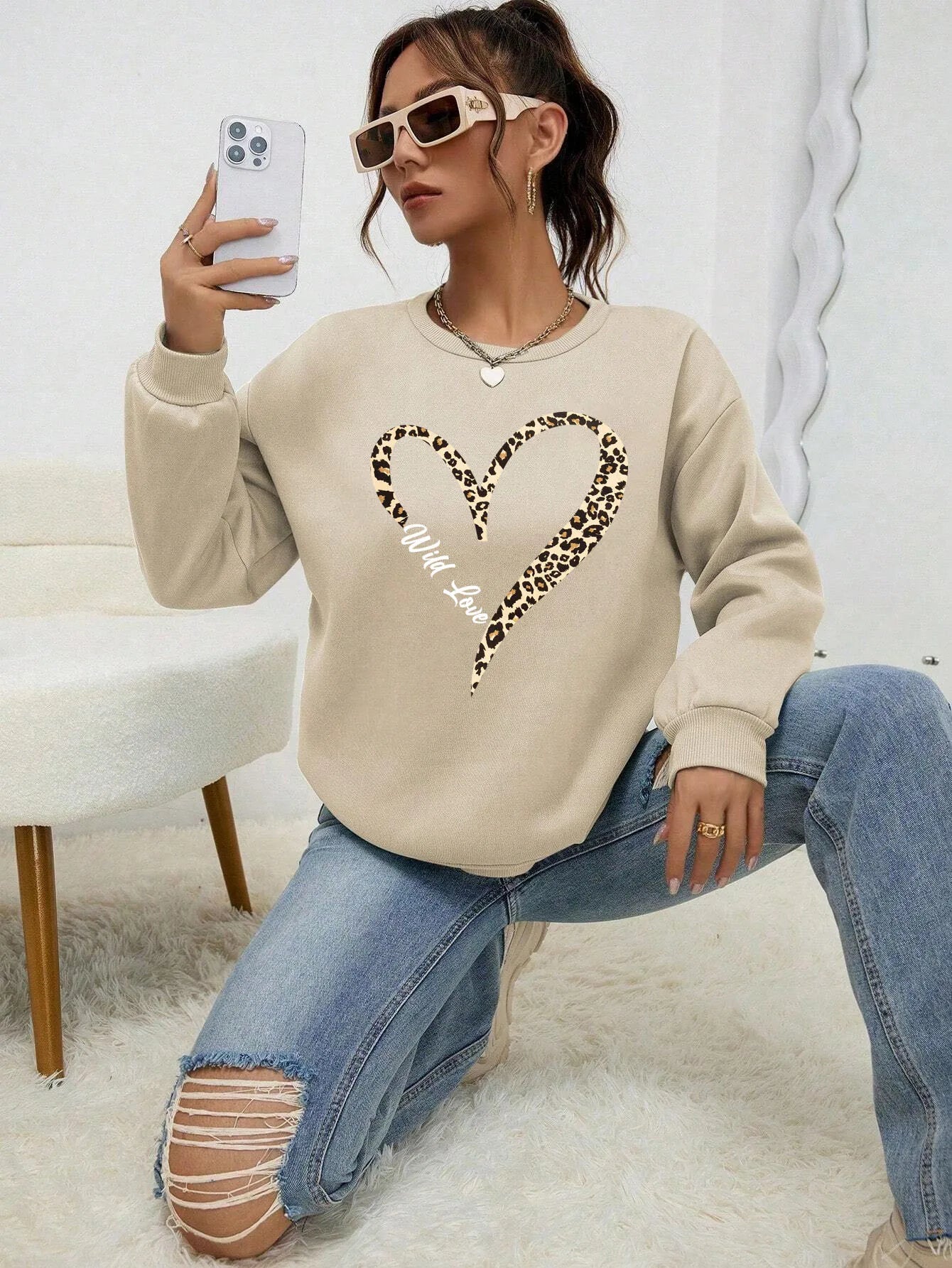 Sweat-shirt tendance à capuche Motif cœur léopard Femme