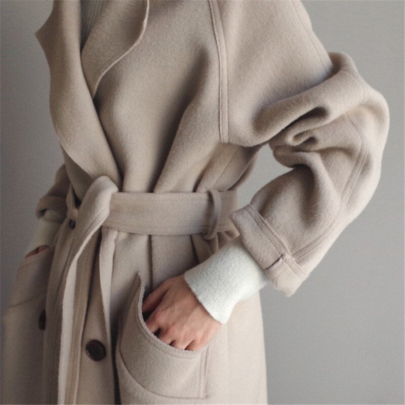 Warme Damen Wolljacke Lang Elegant Gürtel - IdealeKleiden