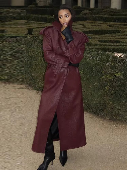 Trench-coat long en cuir pour femme Élégant Hiver