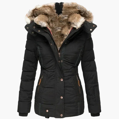 Manteau d'hiver élégant pour femme avec capuche et fausse fourrure