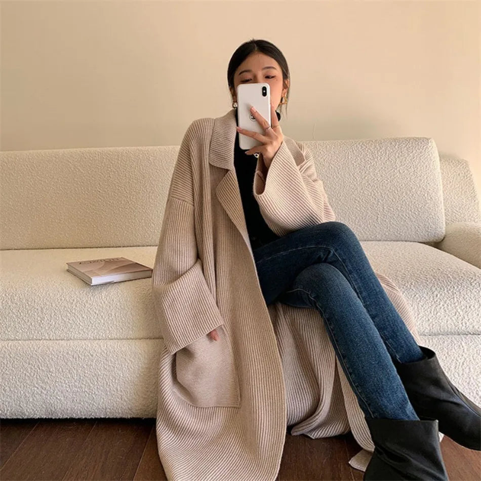 Manteau d'automne élégant long femme tricoté