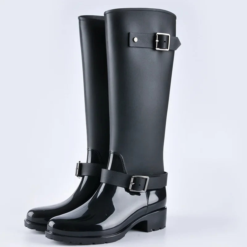 Bottes en caoutchouc imperméables pour femmes, hauteur genou, boucle, talon carré