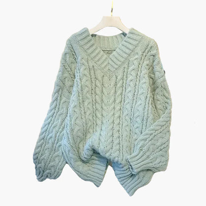 Pull en grosse maille col V motif torsadé hiver