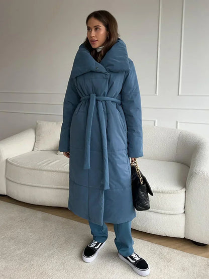 Parka d'hiver matelassé long pour femme avec ceinture