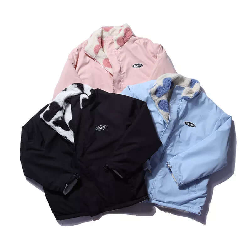 Herz-Druck Mantel Wendbar Plüsch Fleece Damen - IdealeKleiden
