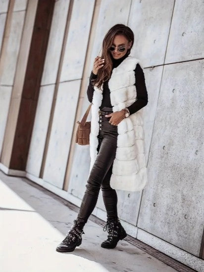 Élégant Gilet Long en Fausse Fourrure Sans Manches
