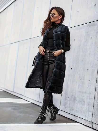 Élégant Gilet Long en Fausse Fourrure Sans Manches